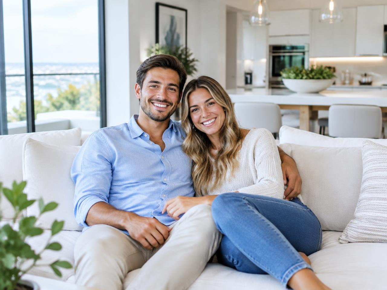 Happy homeowners in their clean living room